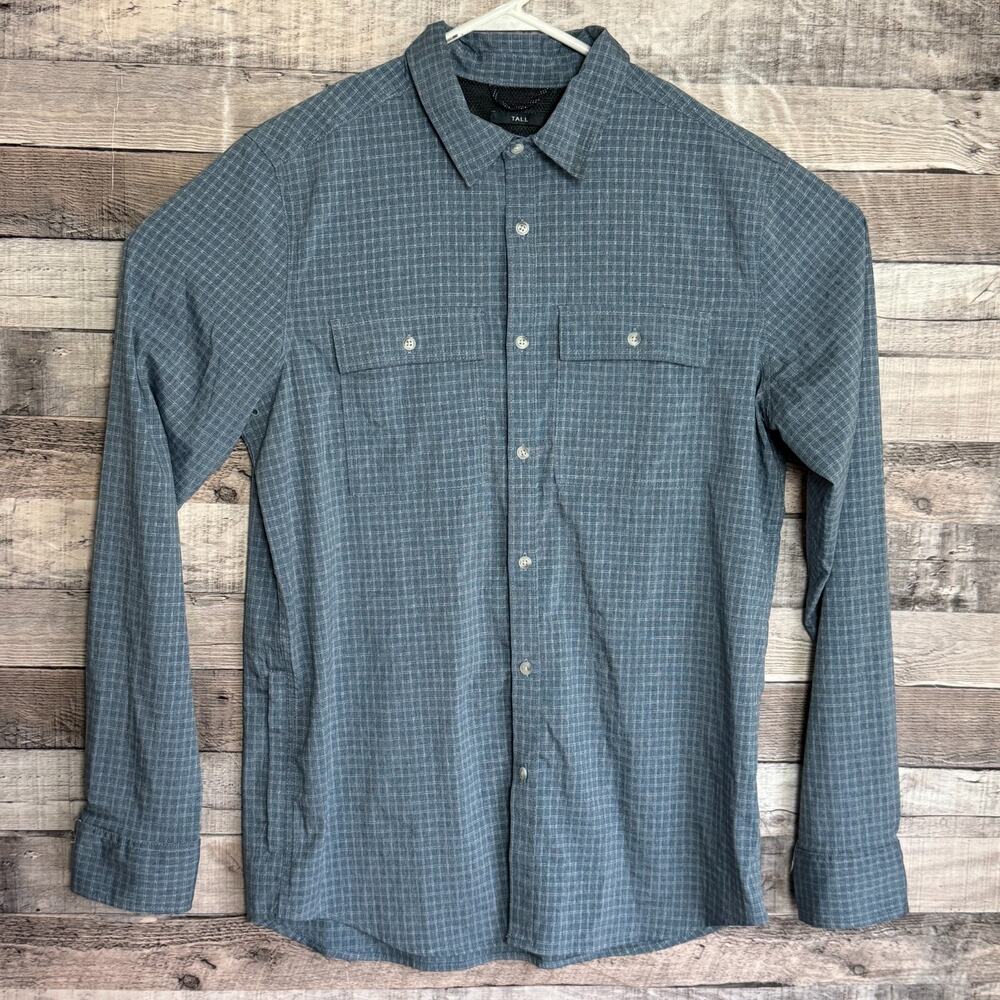Prana Mens Garvan Hiking Shirt Small Tall Blue Checkered Button Up Outdoors